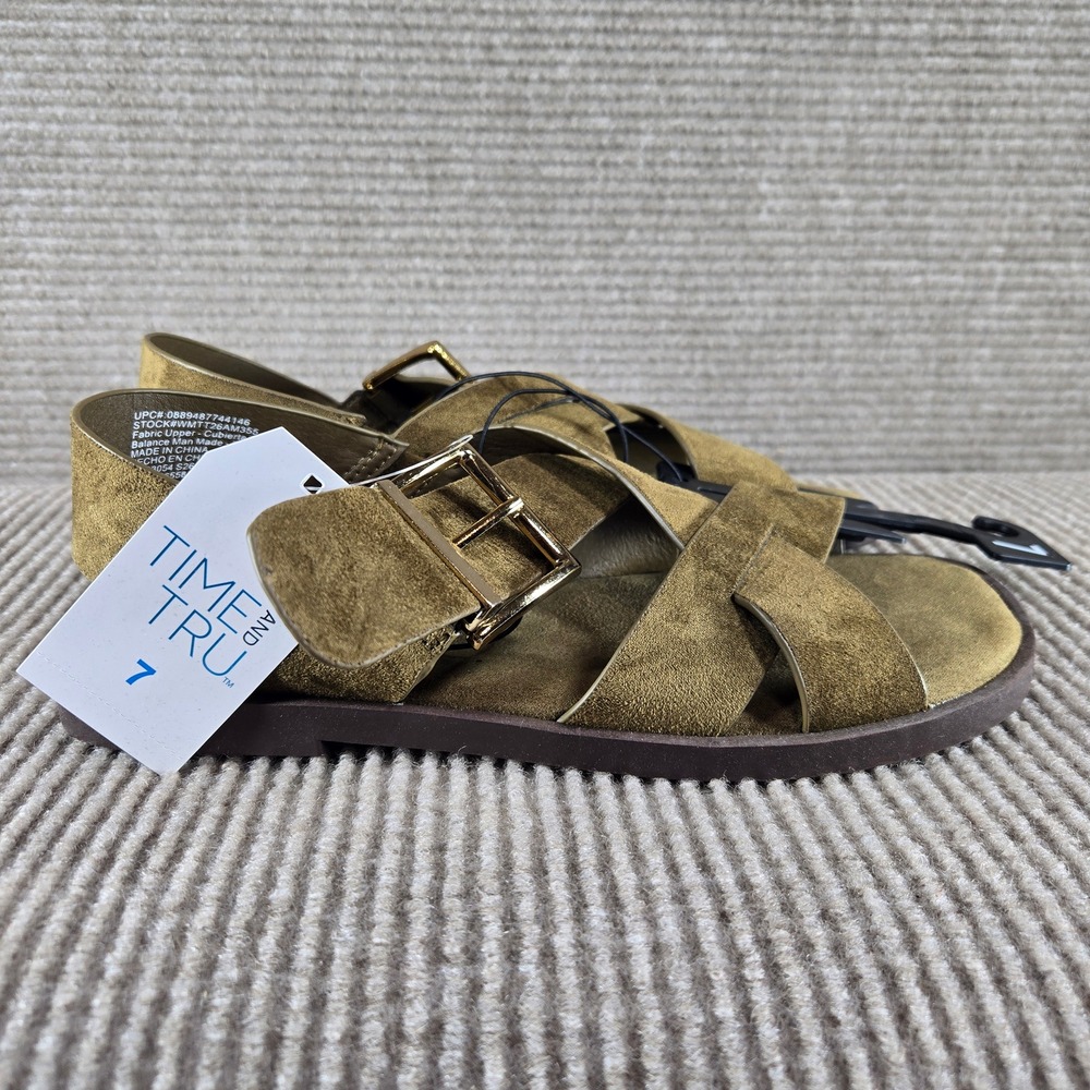 Time and Tru Womens 7 Olive Green Faux Suede Buckle Slingback Flat Sandals